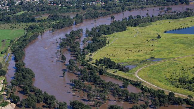 SYDNEY, AUSTRALIA - NewsWire Photos MARCH 24, 2021: An Aerial view of Penrith along the Nepean River as water levels are at a high due to extreme floods in Sydney, Australia. Picture: NCA NewsWire / Gaye Gerard