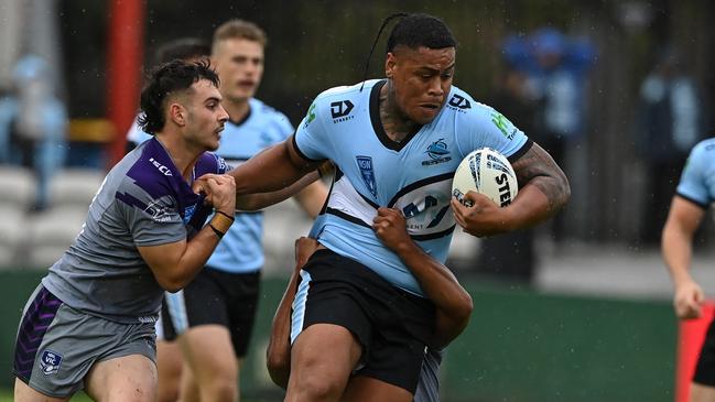 Franklin Pele on the charge for the Sharks’ Jersey Flegg side. Picture: Grant Trouville/NRL Photos