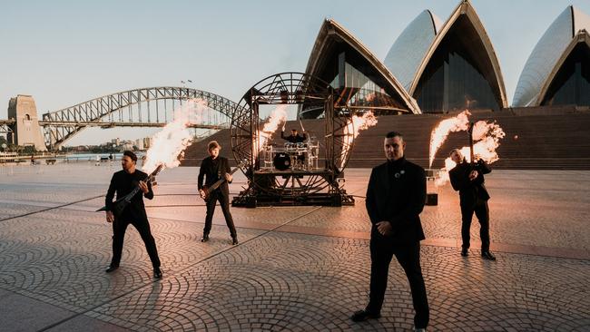 Parkway Drive’s, from left, Luke Kilpatrick, Jia O’Connor, Ben Gordon, Winston McCall and Jeff Ling are preparing for their one-off orchestral performance at the Sydney Opera House. Picture: Third Eye Visuals