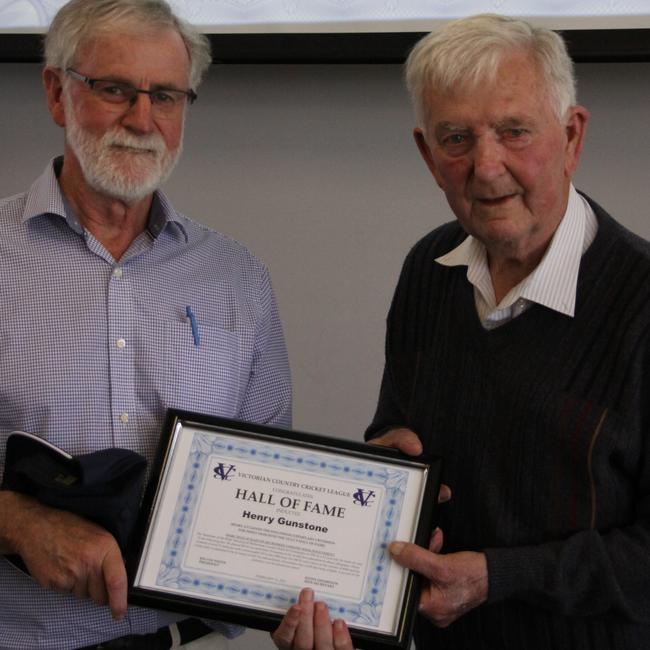 Victorian Country Cricket League president Kelvin White and Hall of Fame inductee Henry Gunstone. Picture: Supplied