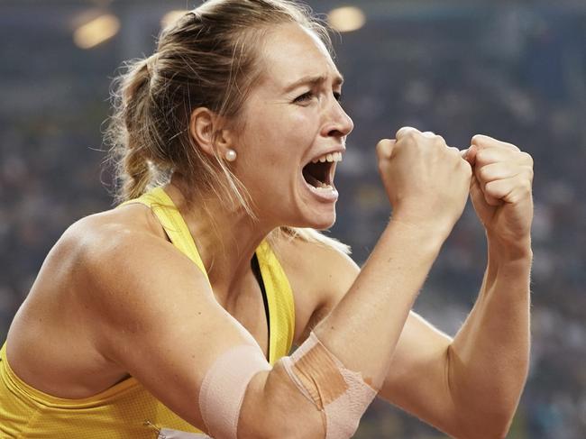 Kelsey-Lee Barber, of Australia, celebrates during the women's javelin throw final at the World Athletics Championships in Doha, Qatar, Tuesday, Oct. 1, 2019. Barber won the gold medal in the event. (AP Photo/David J. Phillip)