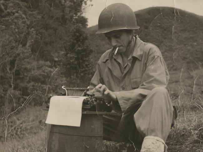 Remembrance Day story on Courier-Mail war correspondent Leslie James Fitz-Henry, whose family donated his typewriter and medal to State Library of Queensland's collection. We also have a copy of this fabulous photo of him writing in the field on the typewriter, circa 1945. Picture Queensland State Library