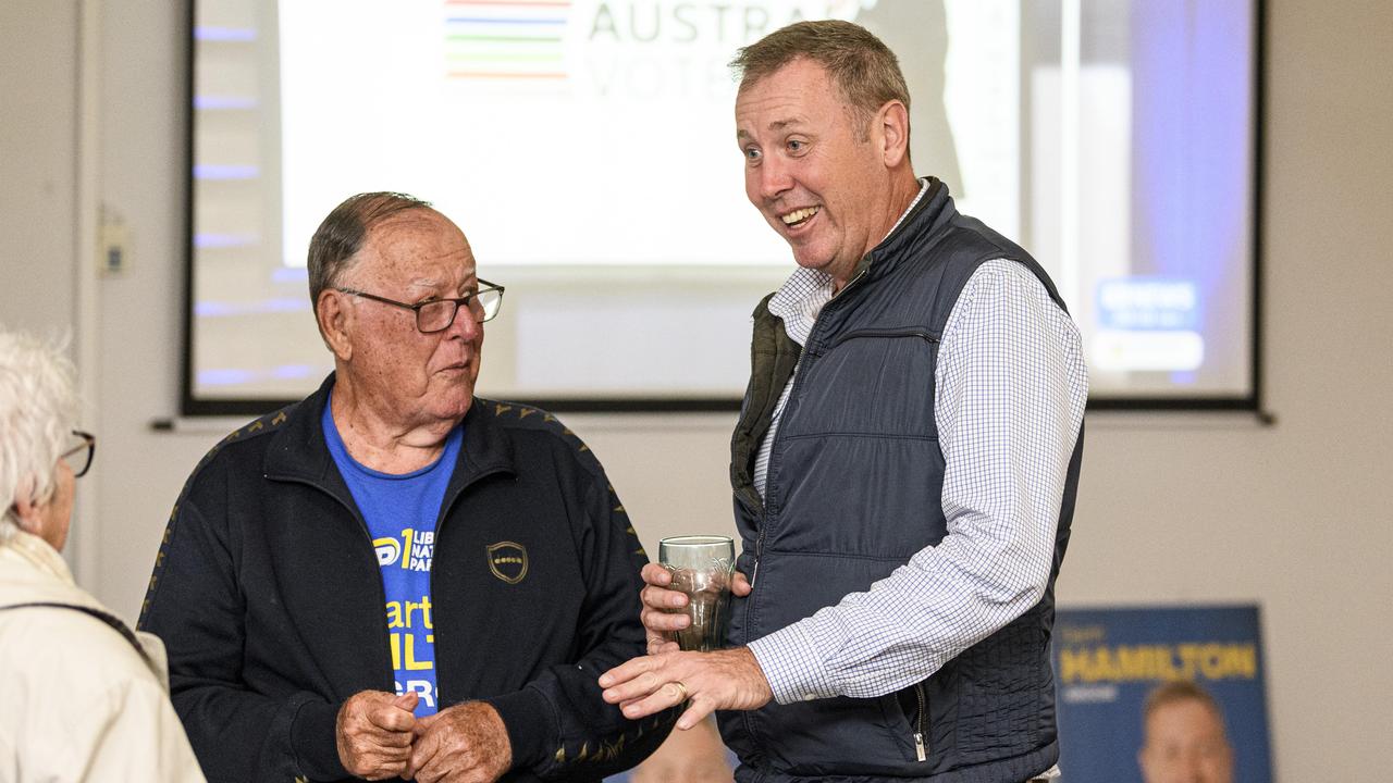 Groom LNP candidate Garth Hamilton (right) talks with Errol Spence at Club Toowoomba on federal election night. Picture: Kevin Farmer