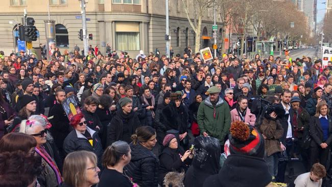 Protesters against the route of the Western Highway upgrade near Ararat gather at Parliament House in Victoria. Picture: Alex White