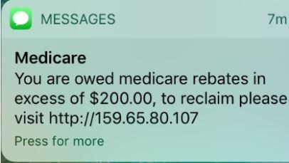 A fake text purporting to be from Medicare. Source: Services Australia