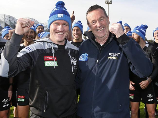 MND sufferer Neale Daniher visits Collingwood Pies training. Neale Daniher with coach Nathan Buckley for the team's support for MND and the Big Freeze 3.   Picture: David Caird