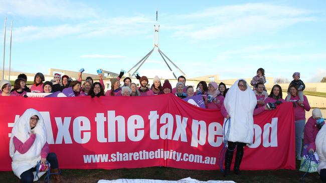 Axe the tampon tax petition handover and protest on the lawns of Parliament House in Canberra. Picture: Kym Smith.