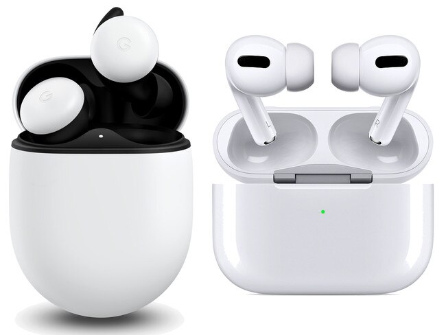 Wireless earbuds from Google (left) and Apple.