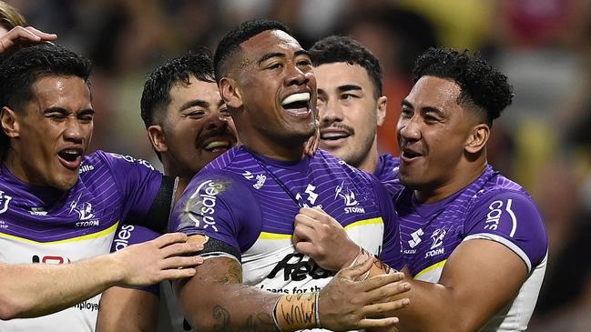 TOWNSVILLE, AUSTRALIA - AUGUST 29: Lazarus Vaalepu of the Storm celebrates after scoring a try  during the round 26 NRL match between North Queensland Cowboys and Melbourne Storm at Qld Country Bank Stadium, on August 29, 2024, in Townsville, Australia. (Photo by Ian Hitchcock/Getty Images)