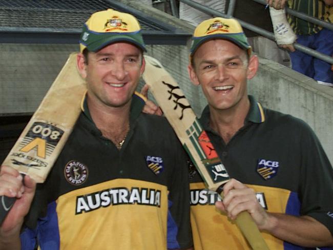 JANUARY 14, 2001 : Batsmen Mark Waugh (L) & Adam Gilchrist following their double century opening stand during Australia v West Indies one-day International at Gabba ground in Brisbane, 14/01/01. David Kapernick.Cricket