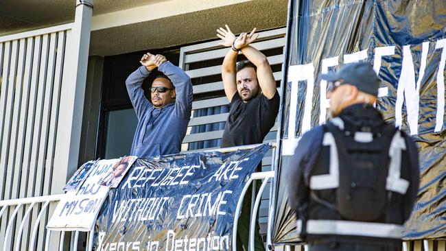 Refugee protest at Central Hotel and Apartments, Kangaroo Point, Sunday, July 19, 2020 – Picture: Richard Walker