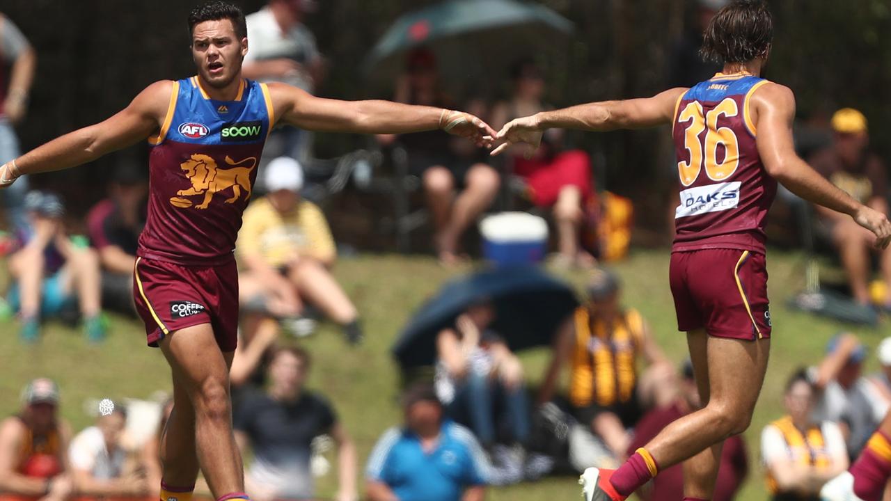 Cameron Rayner celebrates one of his three goals. Picture: Getty Images 