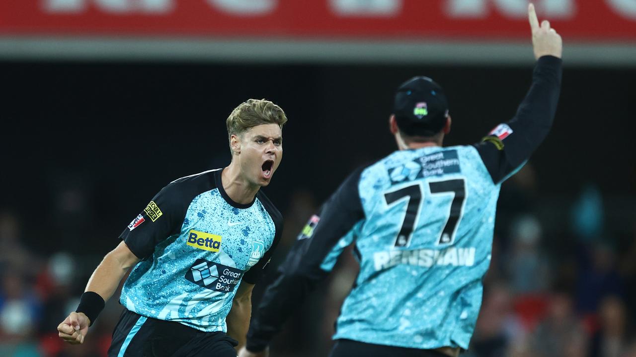 Spencer Johnson of the Heat celebrates dismissing D'Arcy Short of the Strikers during the BBL The Challenger Final. Picture: Chris Hyde/Getty Images