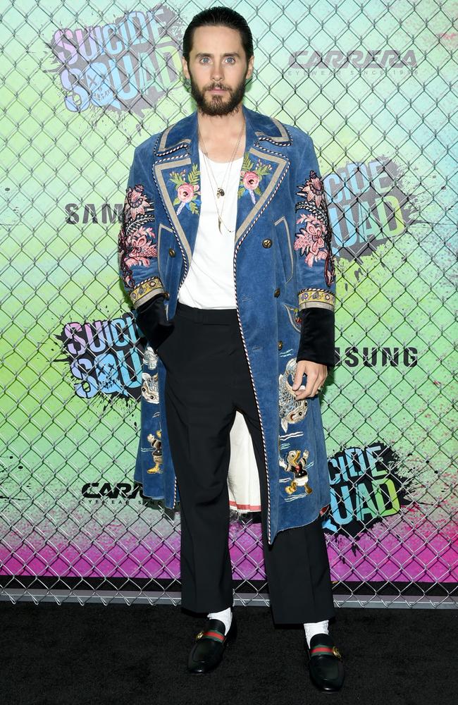 Jared Leto in Gucci, including a Joker-esque jacket. Picture: AP