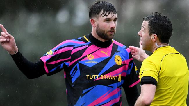 Avondale’s Ayden Brice has a word with referee Michael Mammis. Picture: Josh Chadwick