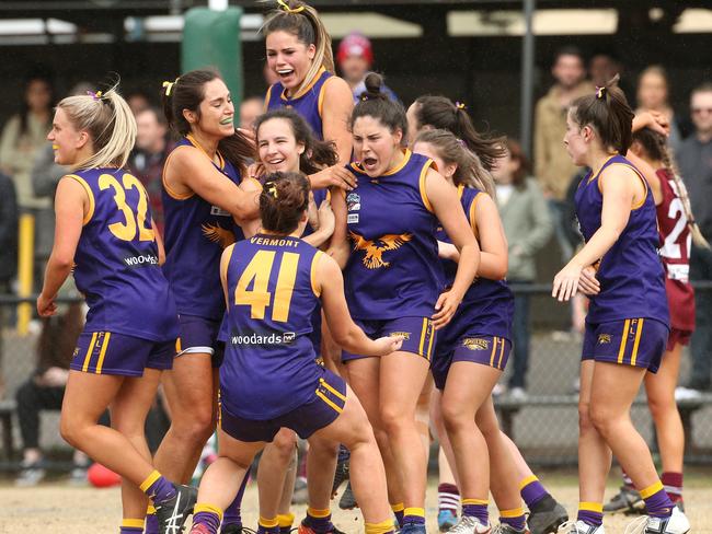 Vermont celebrate a goal late in the final quarter during ER Women's Footy (Div 1 GF): Mount Evelyn v Vermont on Sunday, September 9, 2018, in Lilydale, Victoria, Australia. Picture: Hamish Blair