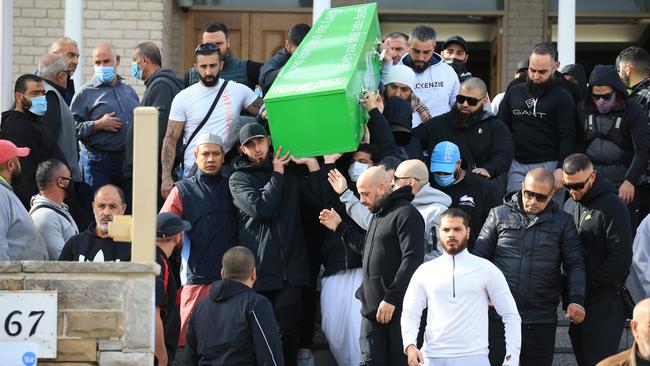 About 15 mourners carried the bright green coffin of underworld figure Bilal Hamze who was gunned down in the Sydney CBD last week. Picture: NCA NewsWire