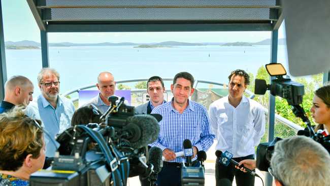 PROGRESS: Gladstone MP Glenn Butcher, Eaton Place CEO Peter Scarf and Minister for State Development Cameron Dick announcing the approval of Hummock Hill island resort. Picture: Mike Richards GLA051118HILL