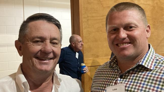 Greg "Jumbo" Eaton and Luke Brooks celebrate the 50th anniversary of the Rainbows Rugby League Football Club at its golden jubilee at the Gympie Showgrounds Pavilion on the night of June 3, 2023.