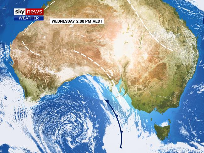 The cold front is expected to sweep in from the Great Australian Bight starting late on Wednesday and lasting into Friday morning. Picture: Sky News Weather