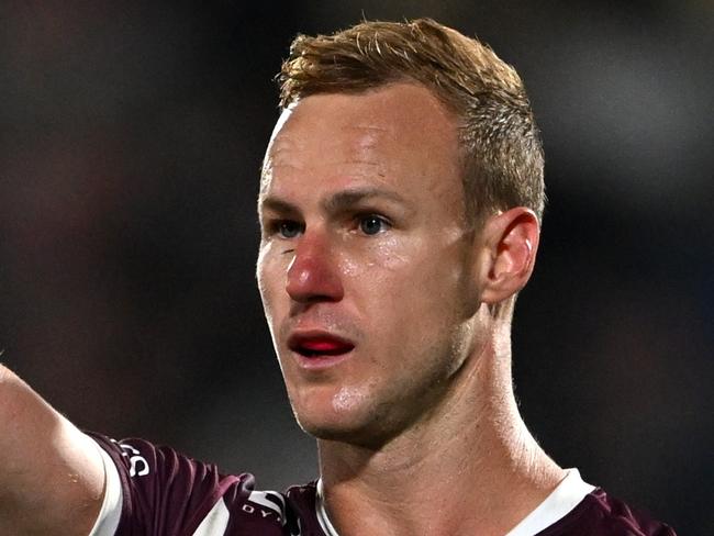 AUCKLAND, NEW ZEALAND - APRIL 13: Daly Cherry-Evans of Manly waves to his team mates during the round six NRL match between New Zealand Warriors and Manly Sea Eagles at Go Media Stadium Mt Smart, on April 13, 2024, in Auckland, New Zealand. (Photo by Hannah Peters/Getty Images)