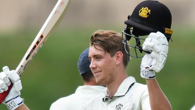 ADELAIDE, AUSTRALIA - OCTOBER 21: Cameron Green of Western Australia celebrates bringing up his century during day three of the Sheffield Shield match between Western Australia and New South Wales at Gladys Elphick Park on October 21, 2020 in Adelaide, Australia. (Photo by Mark Brake/Getty Images)