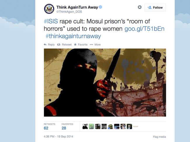 Online battle ... a grab from the US Department of State's Twitter page "Think Again Turn Away," criticises the Islamic State group as part of a broad social media campaign. Picture: AP