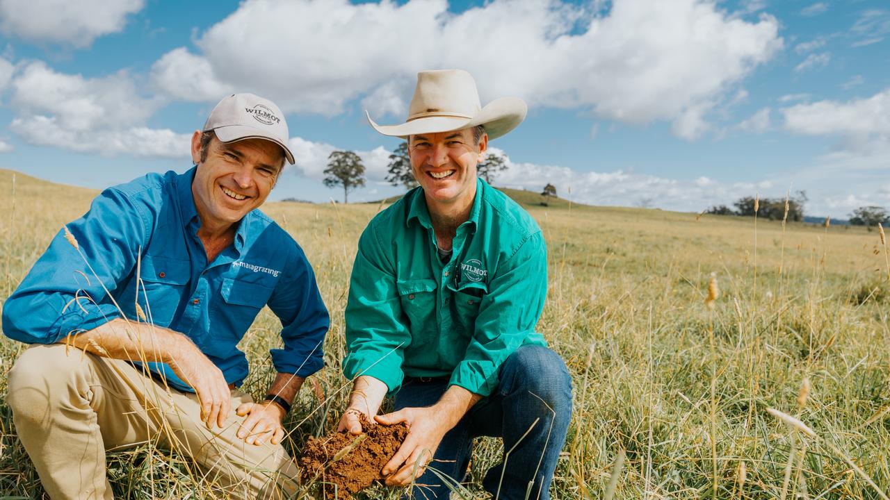 Bart Davidson, MaiaGrazing Chief Grazing Officer, and consulting Soil Ecologist to Wilmot for the past 10 years and Stuart Austin at Stuart's 1854 hectare property in the NSW Northern tablelands. Picture: Mike Terry/Supplied