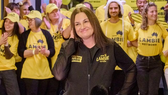 Senator Jacqui Lambie speaks to the media with supporters at her party gathering on Election Night. Picture: Simon Sturzaker