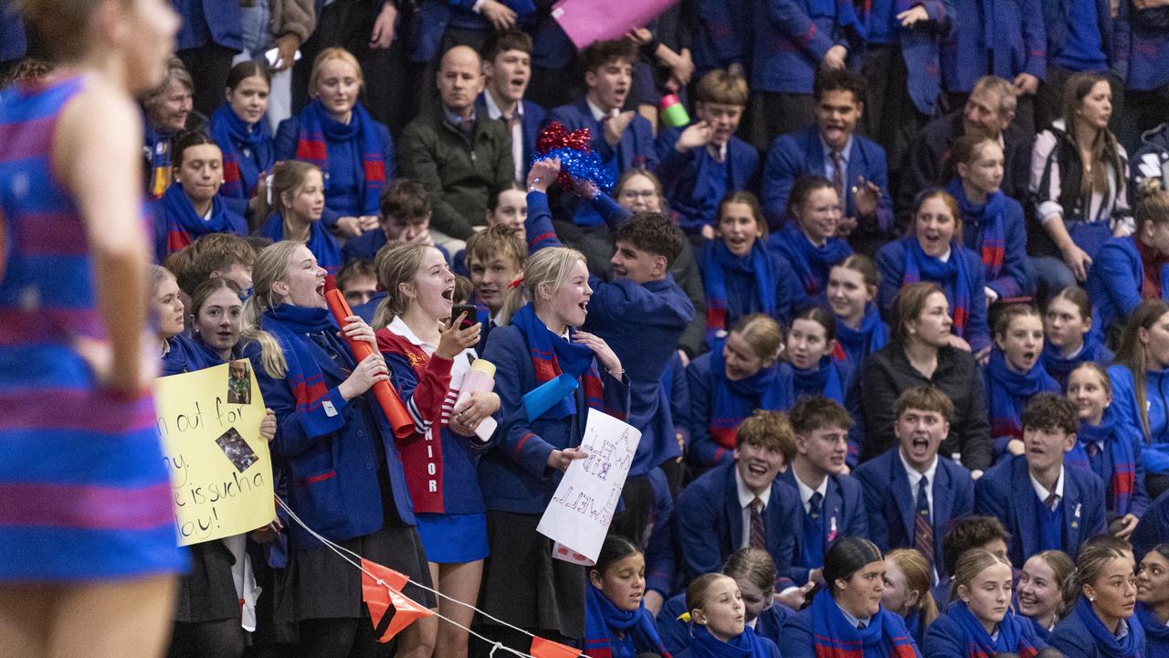 Downlands students cheer their First VII against St Ursula's Senior A in Merici-Chevalier Cup netball at Salo Centre, Friday, July 19, 2024. Picture: Kevin Farmer