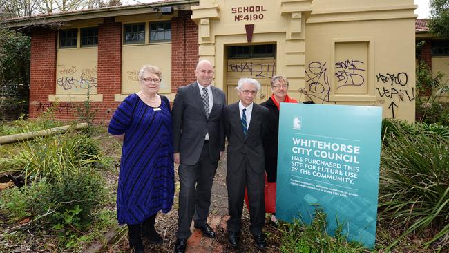 Whitehorse Council has bought the former Nunawading Primary School site from the State Government for $6m. The site has been in a derelict and vandalised condition for years. Annette Mason, Cr Andrew Munroe, Michael Challinger, and Elsie Mutton, visited the site after the purchase announcement. Picture: Steve Tanner