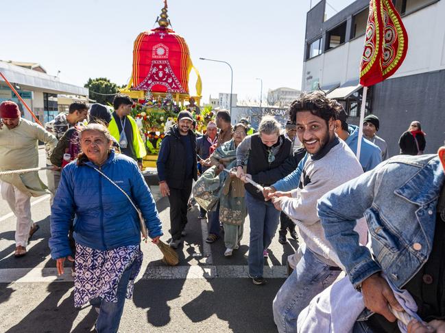 Vijay Bhatiya helps to pull the chariot up Neil St in Toowoomba's Festival of Chariots, Saturday, July 20, 2024. Picture: Kevin Farmer