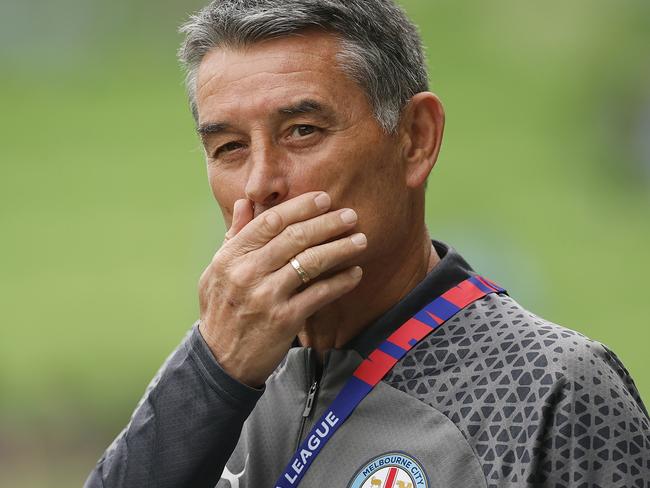 MELBOURNE, AUSTRALIA - OCTOBER 21: Melbourne City head coach Rado Vidosic reacts before the A-League Men round one match between Melbourne City and Western United at AAMI Park, on October 21, 2023, in Melbourne, Australia. (Photo by Daniel Pockett/Getty Images)