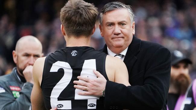 Eddie McGuire hugs Josh Thomas after the 2018 Grand Final loss to West Coast. McGuire says its time to tear down the AFL as we know it and rebuild in a post-coronavirus world. Picture: Getty