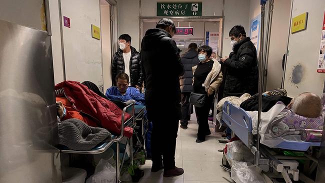 Covid-19 patients on gurneys at Tianjin First Center Hospital in Tianjin on December 28.