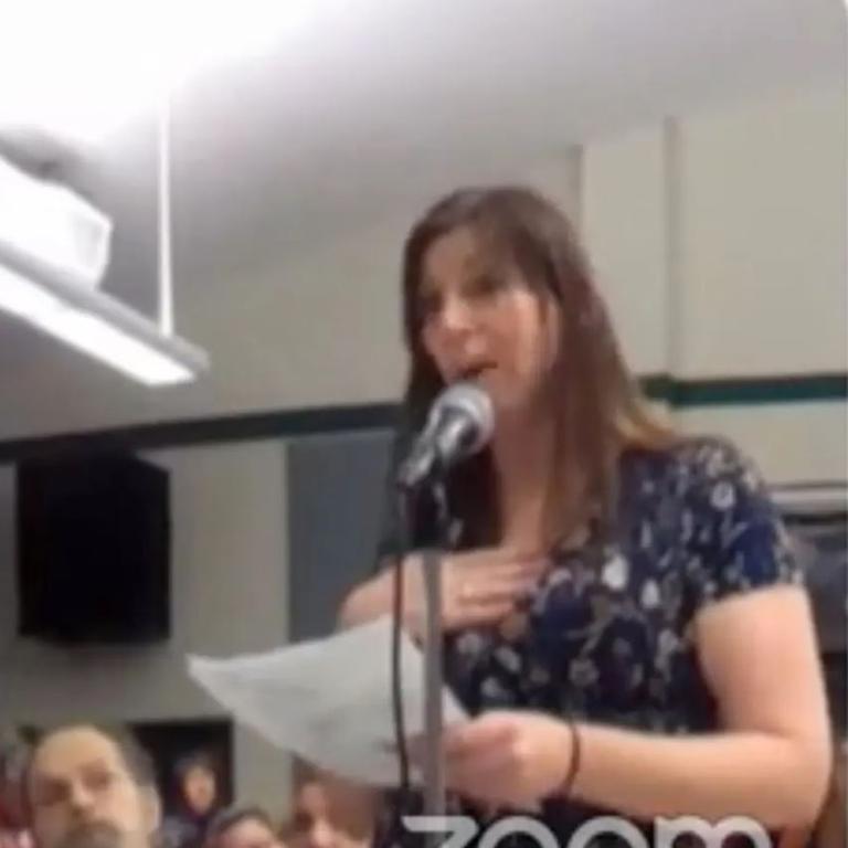 Amber Lavigne addresses a school board meeting. Picture: AOS 93/YouTube