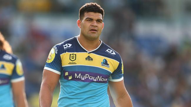 GOLD COAST, AUSTRALIA - JULY 30: David Fifita of the Titans looks on during the round 20 NRL match between the Gold Coast Titans and the Canberra Raiders at Cbus Super Stadium, on July 30, 2022, in Gold Coast, Australia. (Photo by Chris Hyde/Getty Images)