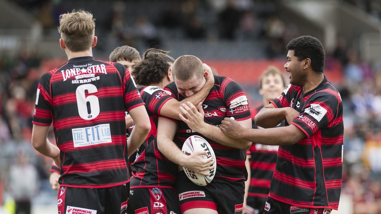 Valleys players celebrate a try by Kael Tremain (centre) against Dalby in the TRL Presidents Cup under-19 decider. Picture: Kevin Farmer