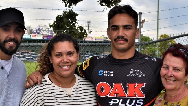 Iluka's Daine Laurie with family members at McGuren Field - the homeground one of his junior clubs Grafton Ghosts - during his offseason home visit after his debut NRL season with the Penrith Panthers in 2020.