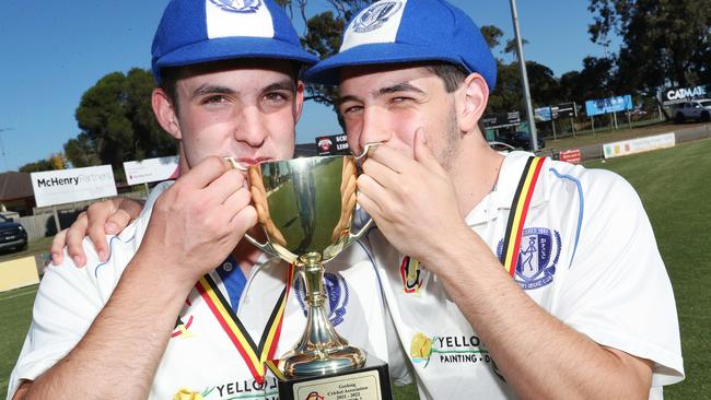 Brothers Josh and Matt Sorgiovanni celebrate St Peter's winning the GCA2 Grand Final against Leopold last season. Picture: Alan Barber