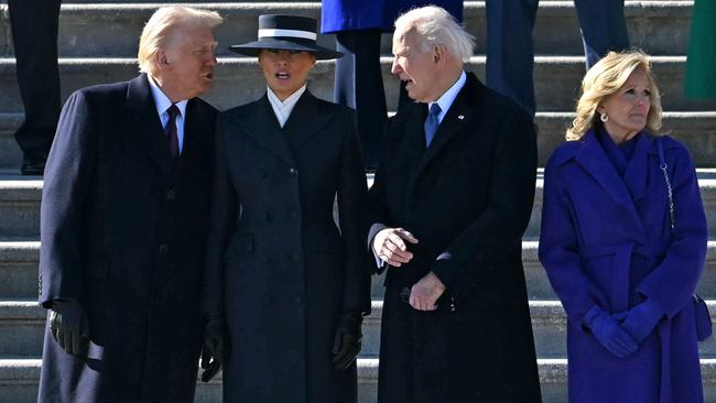 US President Donald Trump, first lady Melania Trump, former president Joe Biden and former first lady Jill Biden chat during a farewell ceremony after the inauguration. Picture: AFP