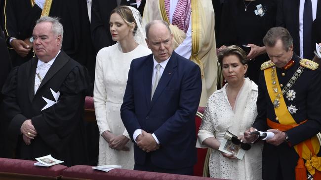 Princess Charlene of Monaco, Prince Albert II, and Grand Duchess Maria Teresa and Grand Duke Henri of Luxembourg during the inauguration mass of Pope Leo XIV in St Peter's Square on May 18. Picture: Getty Images