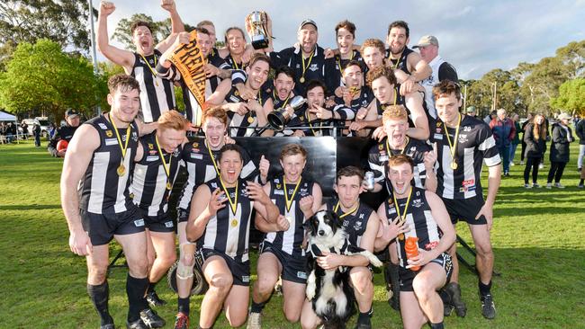 Hahndorf celebrates winning the 2019 HFL premiership. Picture: AAP/Brenton Edwards.