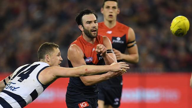 Jordan Lewis stood tall for Melbourne on Friday night. Picture: AAP Images