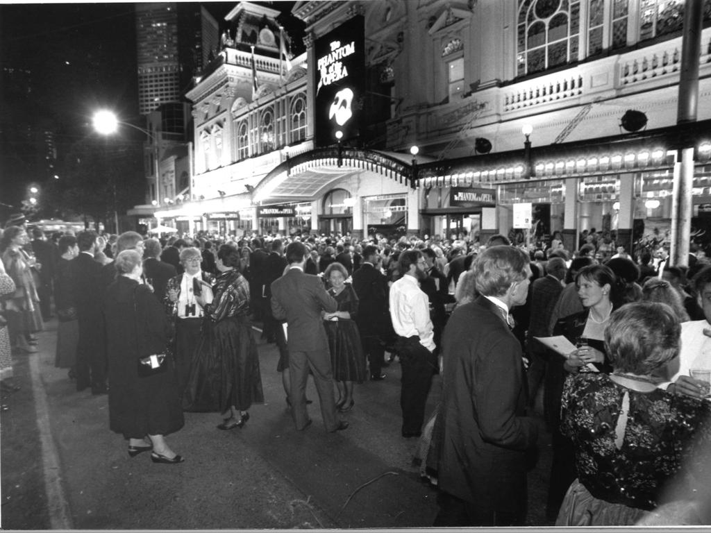 Theatre goers gather on Spring st during a Phantom of the Opera performance after a bomb scare caused the Princess Theatre to be evacuated.