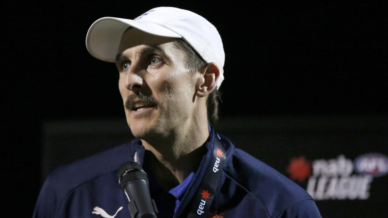 MELBOURNE, AUSTRALIA - APRIL 08: Western Jets coach Robbie Chancellor speaks after the NAB League Girls Grand Final match between the Dandenong Stingrays and Western Jets at Chirnside Park on April 08, 2022 in Melbourne, Australia. (Photo by Darrian Traynor/AFL Photos/Getty Images)