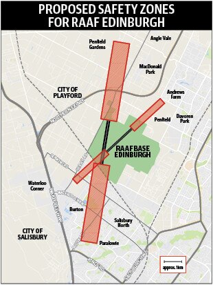 The new safety zones - 4.85km long by 900m wide - sought by the Department of Defence.