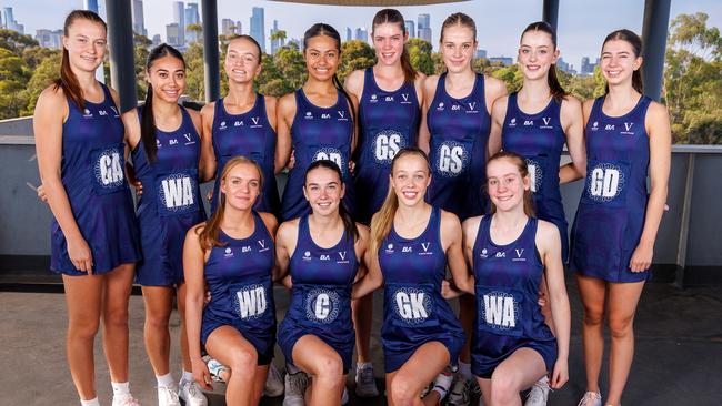 Mia Aitken (far right), with this year’s Victoria 17-and-under netball team.