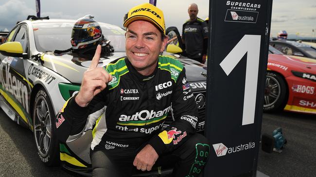 Holden driver Craig Lowndes celebrates winning race 2 in Tasmania last month.