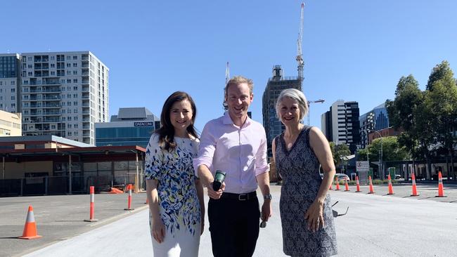 Adelaide Liberal MP Rachel Sanderson, Environment Minister David Speirs and Adelaide Lord Mayor Sandy Verschoor at Bowen St.